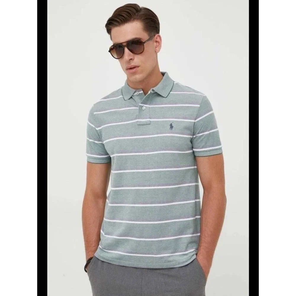 Polo Ralph Lauren Shirt‎ Mens Medium M Classic Fit Green Striped Pique Pony Logo